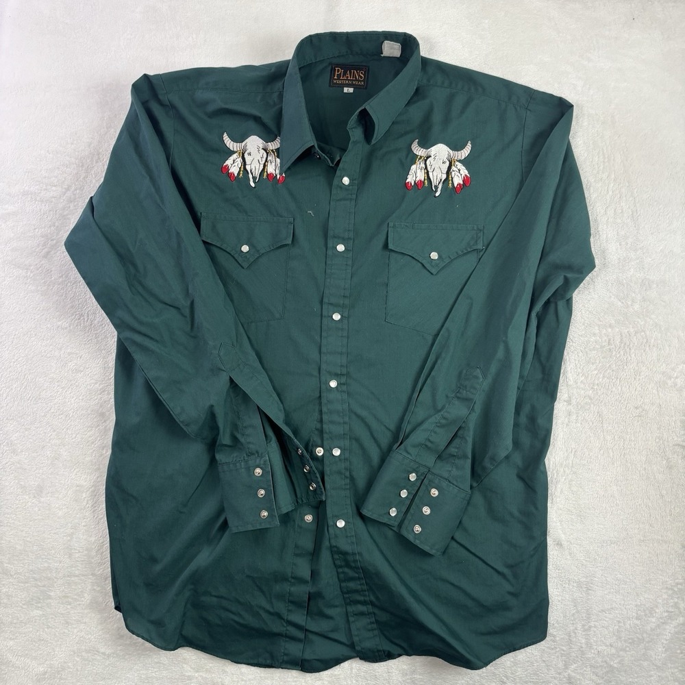 VTG Plains Western Wear Green Pearl Snap Long Sleeve Collared Shirt Men's LG